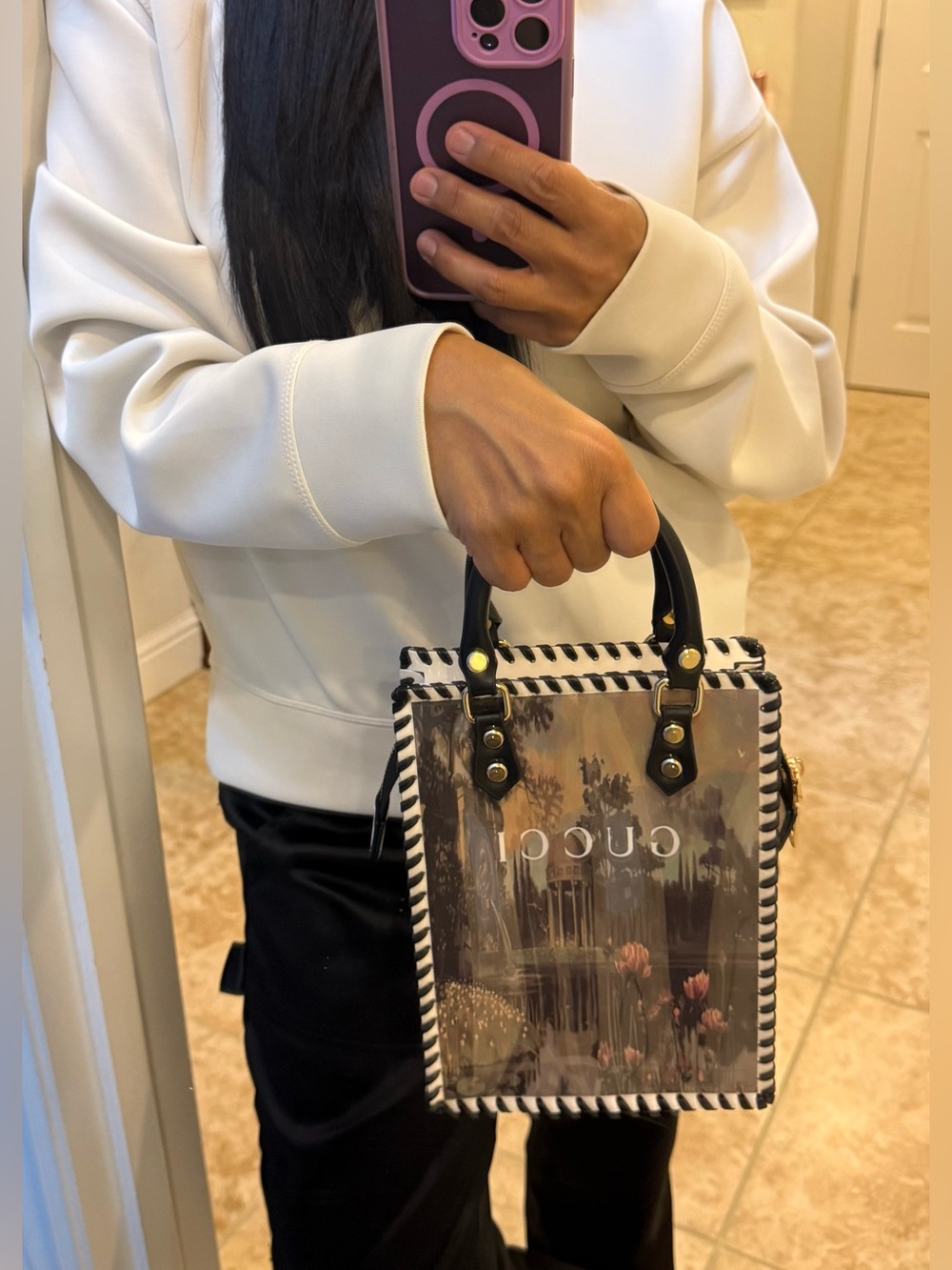 Upcycled Gucci Black Floral Print tote with Pearl Charm Keyring - Picture 8 of 8